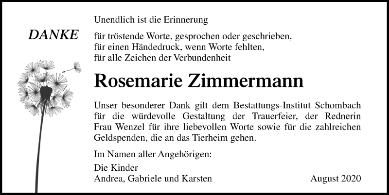  Traueranzeige für Rosemarie Zimmermann vom 29.08.2020 aus Ostsee-Zeitung GmbH