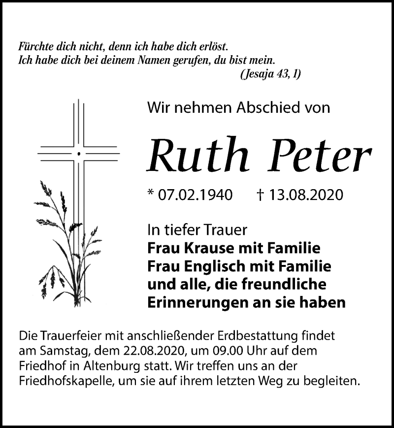 Traueranzeigen Von Ruth Peter Trauer Anzeigen De