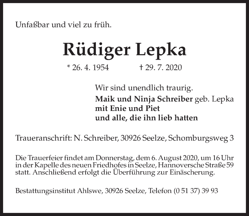  Traueranzeige für Rüdiger Lepka vom 01.08.2020 aus Hannoversche Allgemeine Zeitung/Neue Presse