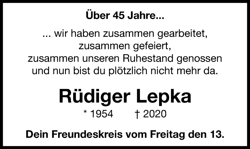  Traueranzeige für Rüdiger Lepka vom 08.08.2020 aus Hannoversche Allgemeine Zeitung/Neue Presse
