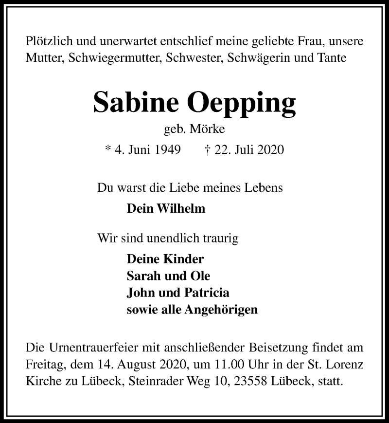  Traueranzeige für Sabine Oepping vom 02.08.2020 aus Lübecker Nachrichten
