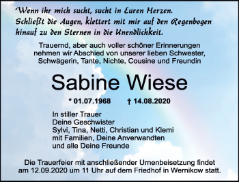 Traueranzeige von Sabine Wiese von Märkischen Allgemeine Zeitung