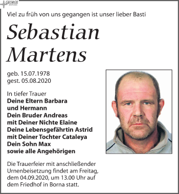 Traueranzeige von Sebastian Martens von Leipziger Volkszeitung