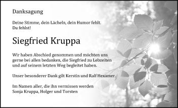Traueranzeige von Siegfried Kruppa von Ostsee-Zeitung GmbH