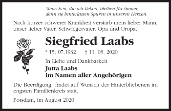 Traueranzeige von Siegfried Laabs von Märkischen Allgemeine Zeitung