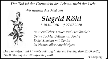 Traueranzeige von Siegrid Röhl von Leipziger Volkszeitung