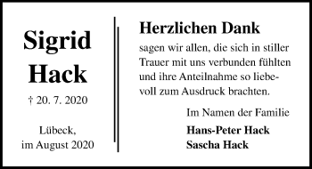 Traueranzeige von Sigrid Hack von Lübecker Nachrichten