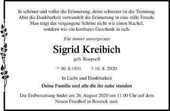 Traueranzeige von Sigrid Kreibich von Ostsee-Zeitung GmbH