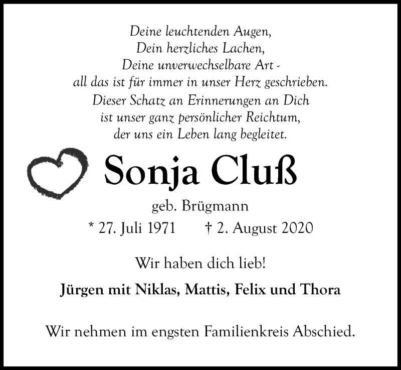  Traueranzeige für Sonja Cluß vom 22.08.2020 aus Kieler Nachrichten