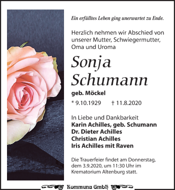 Traueranzeige von Sonja Schumann von Leipziger Volkszeitung