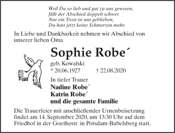 Traueranzeige von Sophie Robe von Märkischen Allgemeine Zeitung