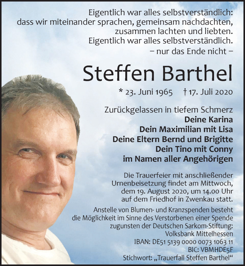  Traueranzeige für Steffen Barthel vom 08.08.2020 aus Leipziger Volkszeitung