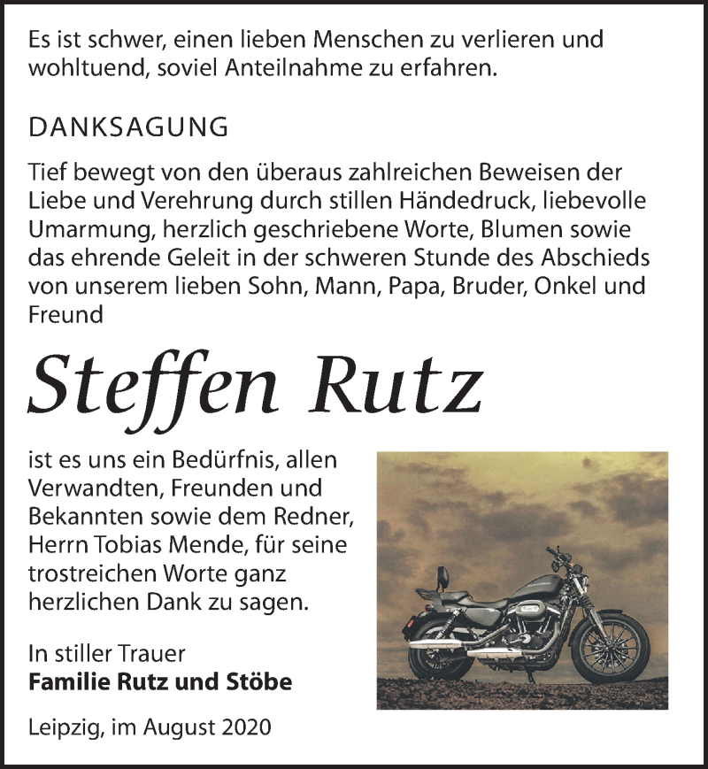  Traueranzeige für Steffen Rutz vom 22.08.2020 aus Leipziger Volkszeitung