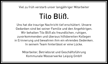 Traueranzeige von Tilo Bliß. von Leipziger Volkszeitung