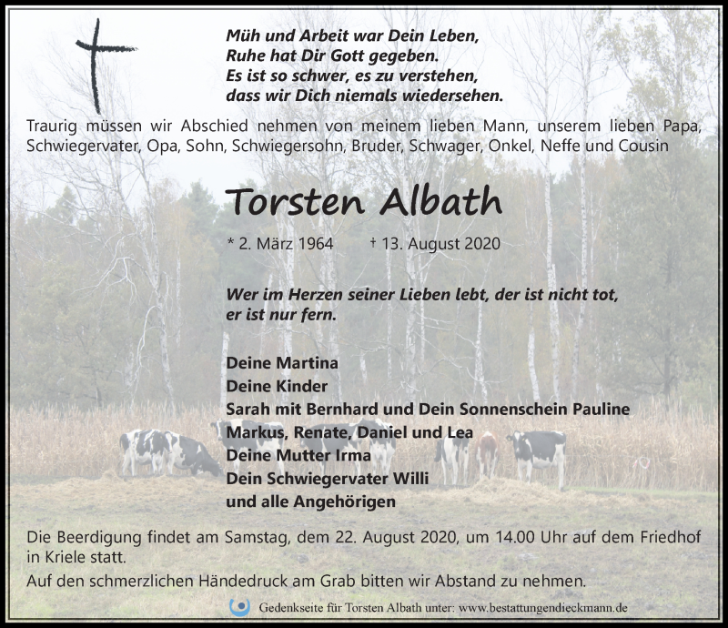  Traueranzeige für Torsten Albath vom 20.08.2020 aus Märkischen Allgemeine Zeitung