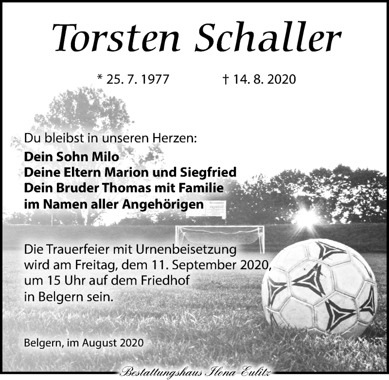  Traueranzeige für Torsten Schaller vom 22.08.2020 aus Torgauer Zeitung