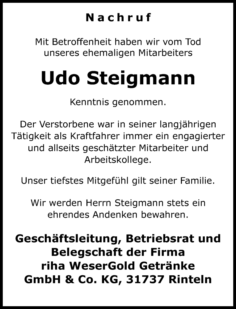  Traueranzeige für Udo Steigmann vom 12.08.2020 aus Schaumburger Nachrichten