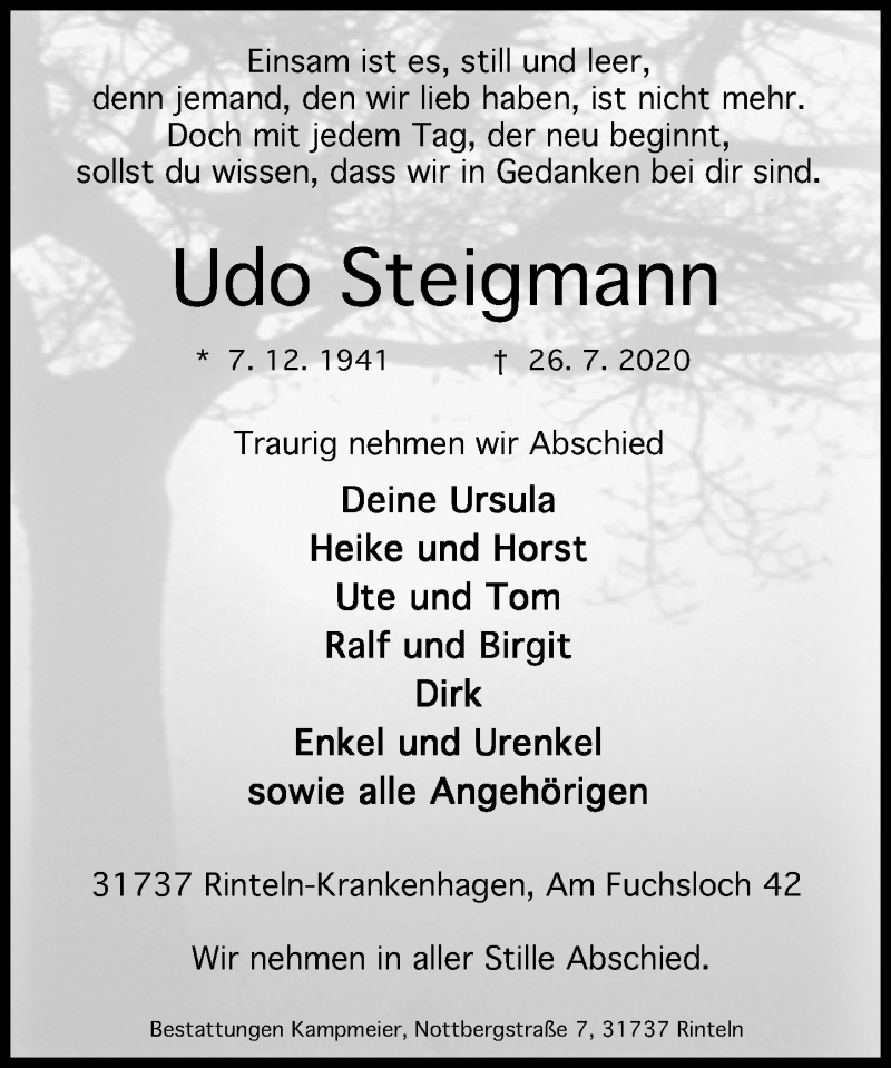  Traueranzeige für Udo Steigmann vom 01.08.2020 aus Schaumburger Nachrichten