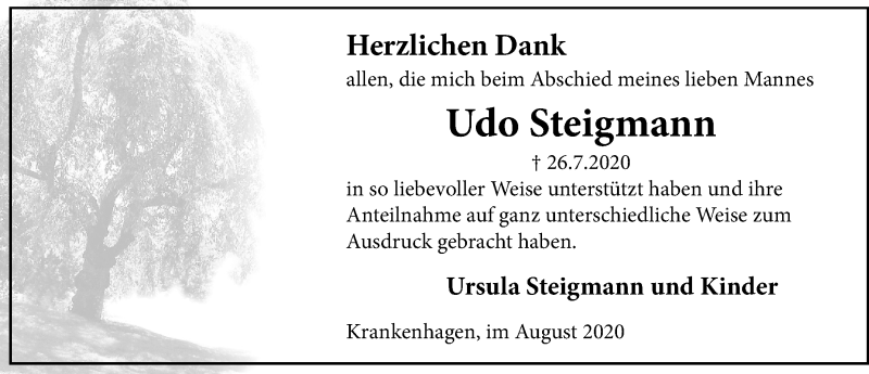  Traueranzeige für Udo Steigmann vom 15.08.2020 aus Schaumburger Nachrichten