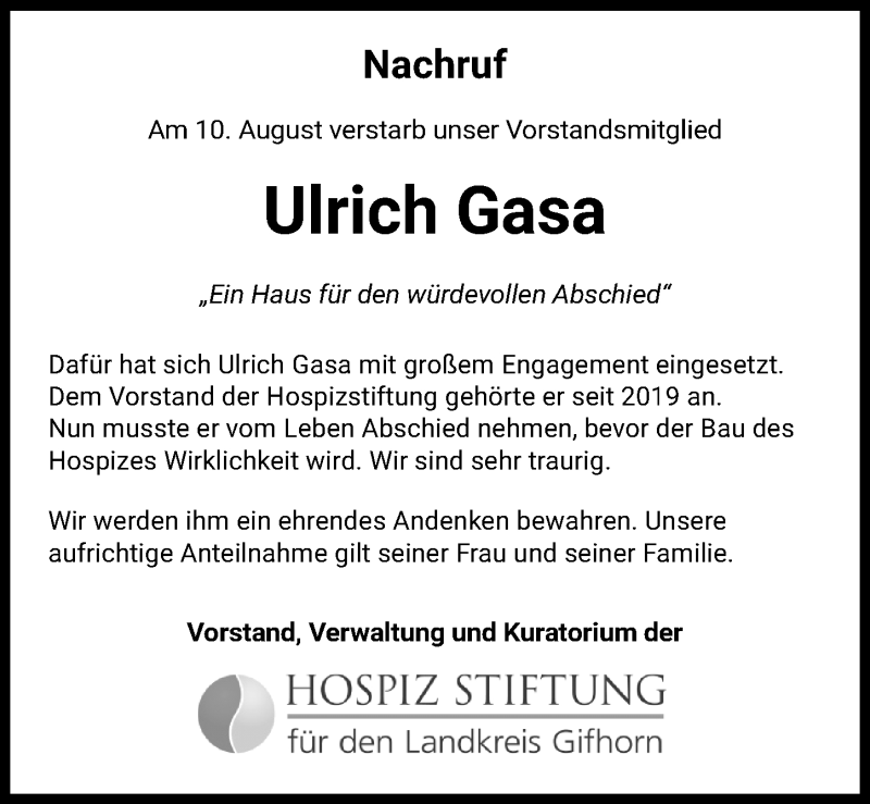  Traueranzeige für Ulrich Gasa vom 19.08.2020 aus Aller Zeitung