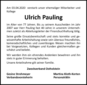 Traueranzeige von Ulrich Pauling von Lübecker Nachrichten