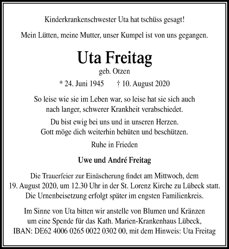  Traueranzeige für Uta Freitag vom 16.08.2020 aus Lübecker Nachrichten