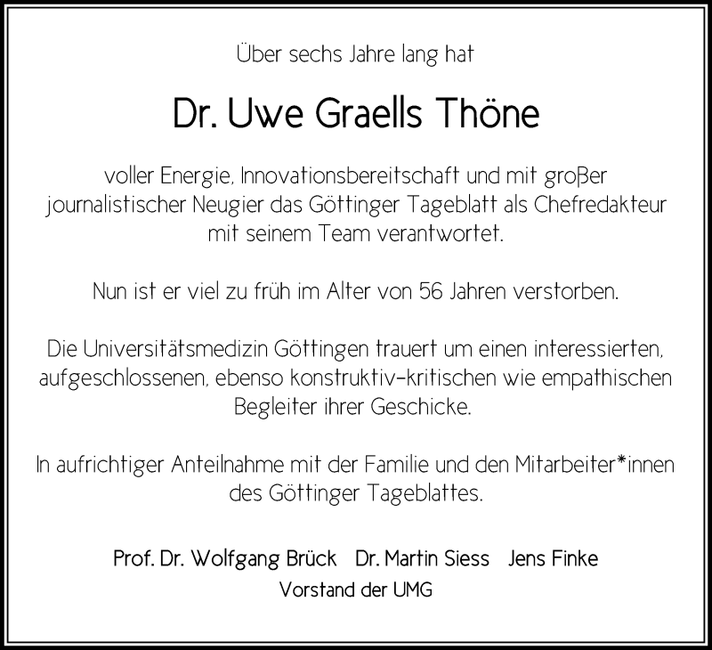  Traueranzeige für Uwe Graells Thöne vom 22.08.2020 aus Göttinger Tageblatt