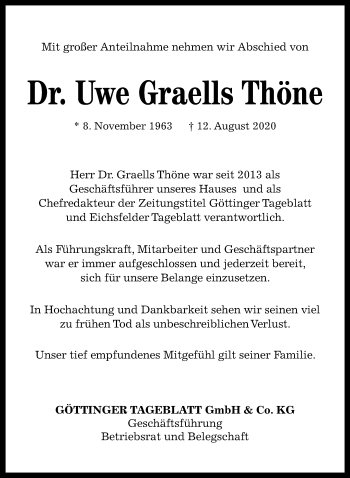 Traueranzeige von Uwe Graells Thöne von Göttinger Tageblatt