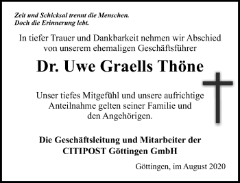 Traueranzeige von Uwe Graells Thöne von Göttinger Tageblatt
