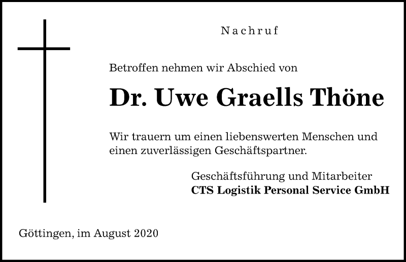  Traueranzeige für Uwe Graells Thöne vom 22.08.2020 aus Göttinger Tageblatt