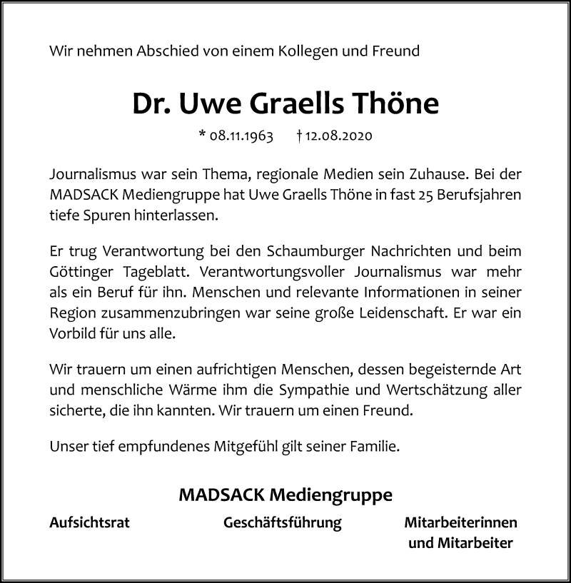  Traueranzeige für Uwe Graells Thöne vom 22.08.2020 aus Schaumburger Nachrichten
