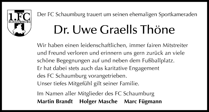  Traueranzeige für Uwe Graells Thöne vom 22.08.2020 aus Schaumburger Nachrichten