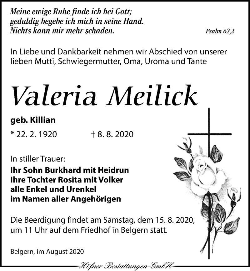  Traueranzeige für Valeria Meilick vom 12.08.2020 aus Torgauer Zeitung