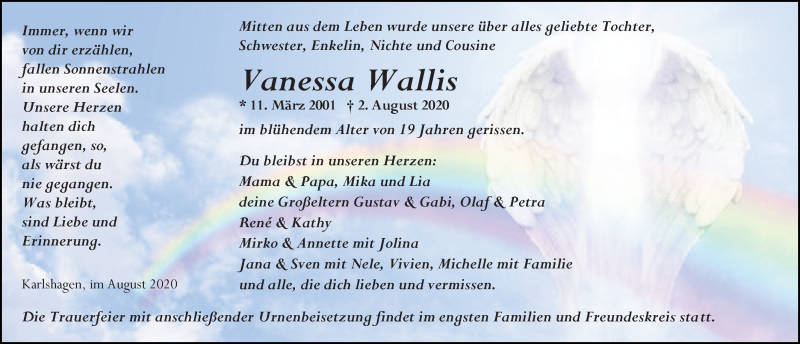  Traueranzeige für Vanessa Wallis vom 15.08.2020 aus Ostsee-Zeitung GmbH