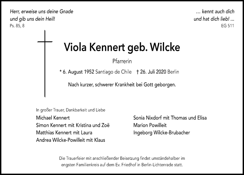  Traueranzeige für Viola Kennert vom 01.08.2020 aus Märkischen Allgemeine Zeitung