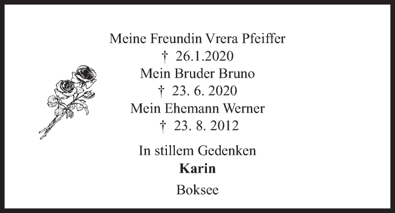  Traueranzeige für Vrera Pfeiffer vom 22.08.2020 aus Kieler Nachrichten