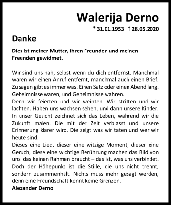 Traueranzeige von Walerija Derno von Ostsee-Zeitung GmbH