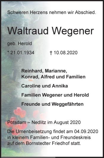 Traueranzeige von Waltraud Wegener von Märkischen Allgemeine Zeitung