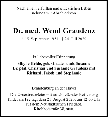 Traueranzeige von Wend Graudenz von Märkischen Allgemeine Zeitung