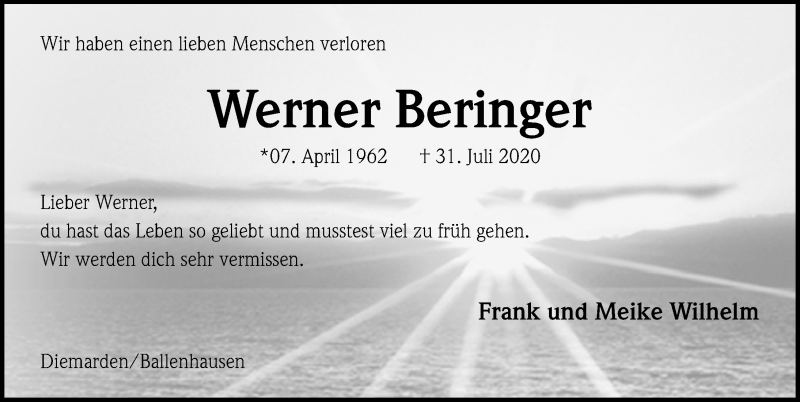  Traueranzeige für Werner Beringer vom 06.08.2020 aus Göttinger Tageblatt