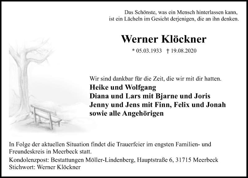  Traueranzeige für Werner Klöckner vom 20.08.2020 aus Schaumburger Nachrichten