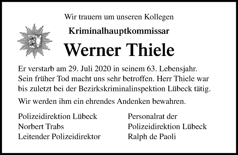  Traueranzeige für Werner Thiele vom 09.08.2020 aus Lübecker Nachrichten