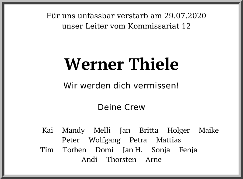 Traueranzeige für Werner Thiele vom 09.08.2020 aus Lübecker Nachrichten