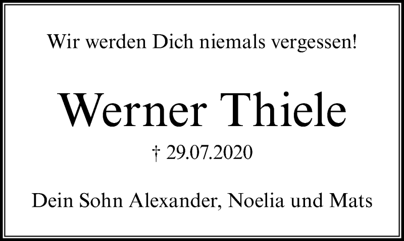  Traueranzeige für Werner Thiele vom 30.08.2020 aus Lübecker Nachrichten