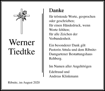 Traueranzeige von Werner Tiedtke von Ostsee-Zeitung GmbH