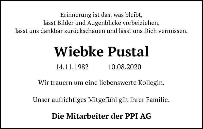  Traueranzeige für Wiebke Pustal vom 22.08.2020 aus Kieler Nachrichten