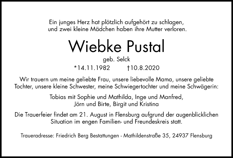  Traueranzeige für Wiebke Pustal vom 15.08.2020 aus Kieler Nachrichten