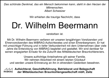 Traueranzeige von Wilhelm Beermann von Leipziger Volkszeitung