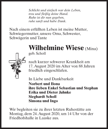 Traueranzeige von Wilhelmine Wiese von Märkischen Allgemeine Zeitung