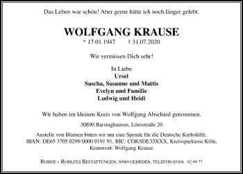 Traueranzeige von Wolfgang Krause von Hannoversche Allgemeine Zeitung/Neue Presse